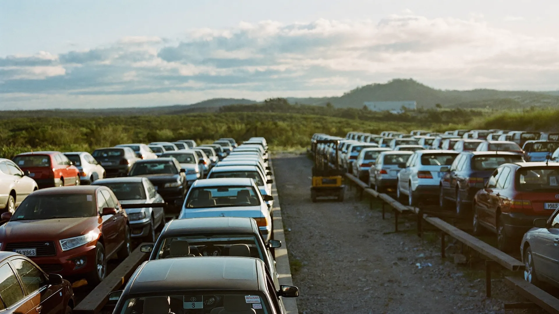 A tidy auto dismantling yard at golden hour, rows of vehicles on racks beside a workshop